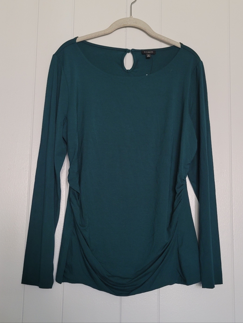 NWT Talbots Ruched Side Long Sleeve Top Rayon Spandex Jade Teal Stretch LG